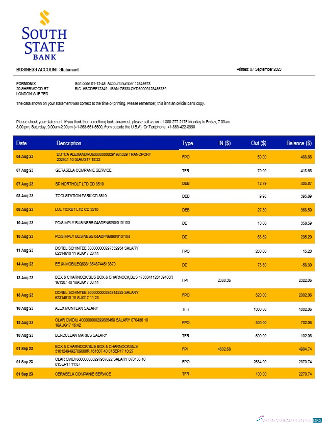 Download South State Bank company statement Word and PDF template Photoshop template